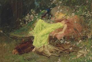''A Fairy Tale - 'All seemed to sleep, the timid hare on form' - Scott.'' 1895 Arthur Wardle
This painting depicts a scene from "The Bridal of Triermain" (1813) by Sir Walter Scott:
All seem'd to