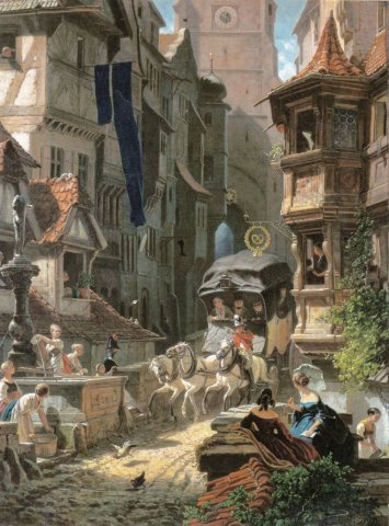 The Arrival of the Stagecoach (c. 1859). Carl Spitzweg (German, 1808-1885).