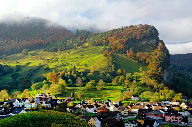 Liechtenstein is located between Switzerland and Austria.