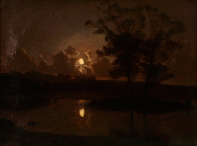 Harvest evening at Hjortekæret, Jægersborg Dyrehave, Maaneskin (1888). August Jerndorff (Danish, 1846-1906).