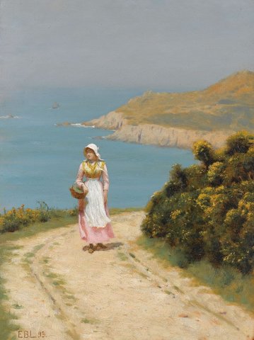 Girl On A Coastal Path (1893). Edmund Blair Leighton (English, 1853-1922).