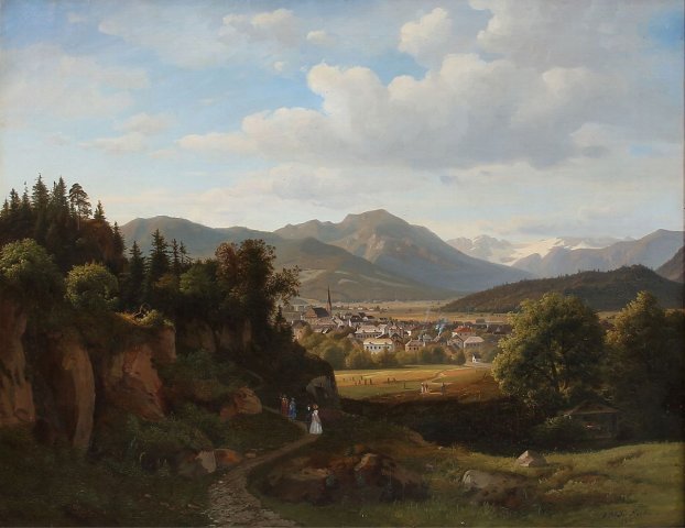 View of a Town in Southern Germany, in the Foreground People Taking a Walk (1841). Johann Georg Mohr (German, 1808-1843).