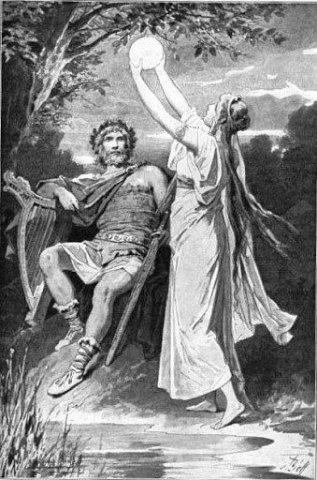 "Bragi and Idun" and "Freya obtains Brisingamen", by Alexander Zick (German), born 1845. His black and white reproductions published in Wagner's Germanische Göttersagen are all that remain of his bea