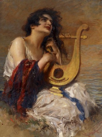 Young Woman With Lyre. Leopold Schmutzler (German, 1864-1940).
