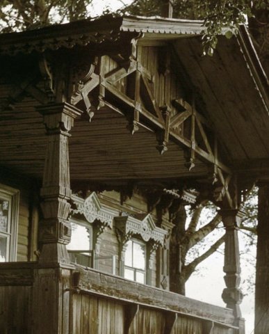 A beautiful wooden porch in Taman village, Perm Oblast of Soviet Russia, 1983.