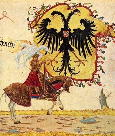Emperor Maximilian with the Imperial Banner, bordered in crimson and parti-colored fringe, by Germain painter, Albrecht Altdorfer, c. 1515.