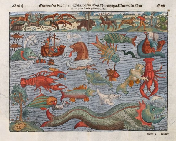 Sebastian Münster's (German cartographer, cosmographer, 1488-1552) sea monster chart (1544 and after), composed from copies of the vignettes found in Olaus Magnus's Carta Marina from 5 years earlie