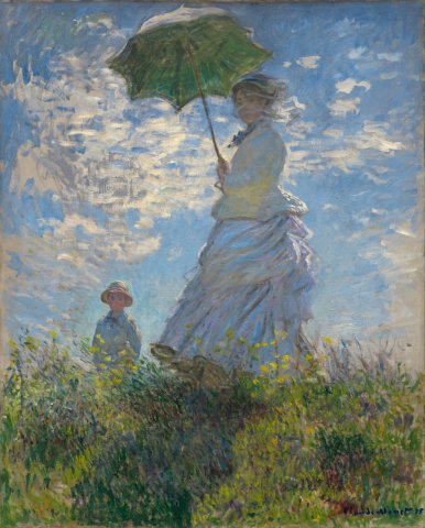 __Madame Monet and her son__ (1875) by Oscar-Claude Monet, an impressionist painting of his wife and son