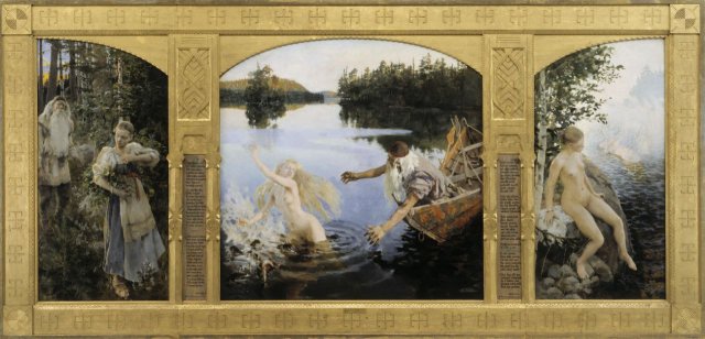 Aino Myth, Triptych (with Väinämöinen and Aino) (1891). Akseli Gallen-Kallela (Finnish, 1865-1931).