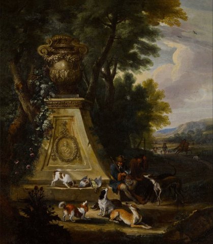 Hunting Scene in a Wooded Park Land with a pair of Hunters and Their Hounds Beside a Sculptural Plinth (c. 1700). Adriaen de Grijef (Bryssels, 1657-1722).
