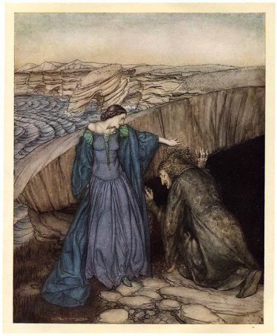 Merlin is Lured by the Evil Fairy Vivien in Her Home. Arthur Rackham (English, 1867-1939).