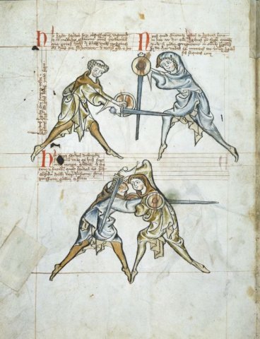Fol. 4v of Royal Armouries Ms. I.33, a medieval treatise on fighting with sword and small shield (buckler). C. 1300. #HEMA