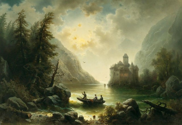 Crossing in a Moonlit Night.
Albert Rieger (Austrian, 1834-1905).