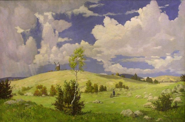 Herbstlandschaft mit Schafherde (Autumn Landscape With a Flock of Sheep) (1940). Ferdinand Grebestein (German, 1883-1974).