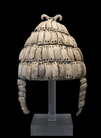 Mycenaean Greek boar tusk helmet from Mycenae, 14th century BC. On display at the National Archaeological Museum, Athens.