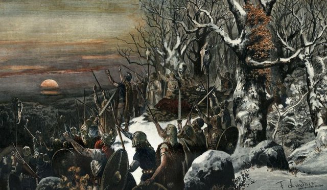 'Die Begrüßung der Sonne durch die alten Germanen am Winter-Sonnwendfest' ('The Greeting of the Sun by the Ancient Teutons at the Winter Solstice Festival'), 1893. Ferdinand Lindner (German, 1842-19