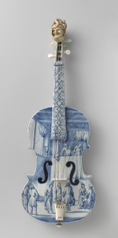 A blue and white Delftware violin. c. 1705-1710, now on display at the Rijksmuseum in Amsterdam.