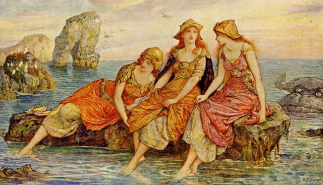 The Three Maidens Sitting on the Rocks, from Andrew Lang’s "The Orange Fairy Book" (1906). Henry Justice Ford (English, 1860-1941).