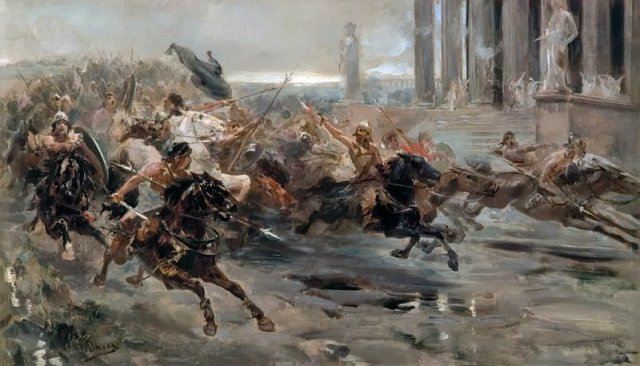 Visigoths Ride Exuberantly into Rome
Or The Invasion of the Barbarians. Ulpiano Checa (Spanish, 1860-1916).