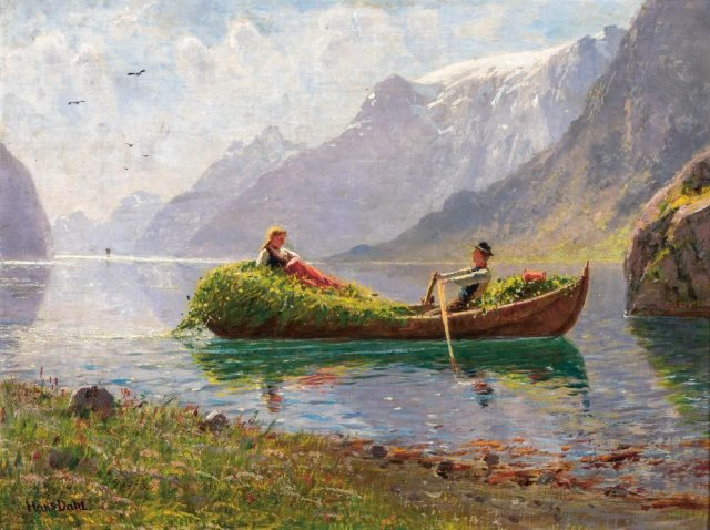 **Fjord Landscape with Rowing Boat, Harvest** (c. 1900). Hans Dahl (Norwegian, 1849-1937).