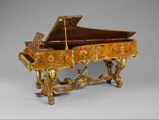 Satinwood veneer, oak, spruce, iron, steel, ebony, ivory, gilding, mother-of-pearl, holly, mahogany, burl walnut, tulipwood and silver wire grand pianoforte by Érard, 1840.