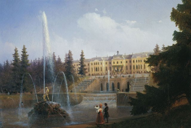 View of the Big Cascade in Petergof and the Great Palace of Petergof, 1837. Ivan Aivazovsky (Russian, 1817-1900).