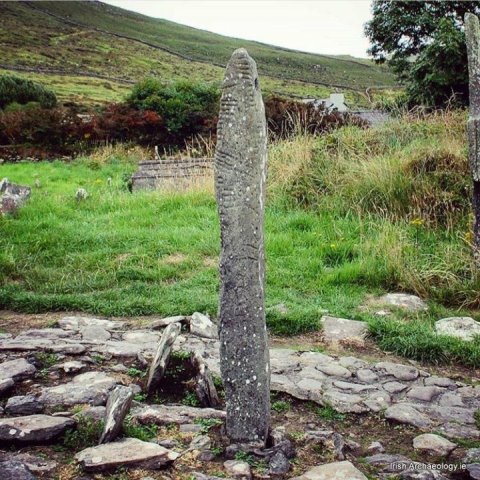 Ogham stone at Kilmalkedar, Co Kerry. The incised lines represent Ireland's earliest form of writing. Dating from the 6th century AD, the stone bears this inscription 'Mael-Inbher son of Broccan'.