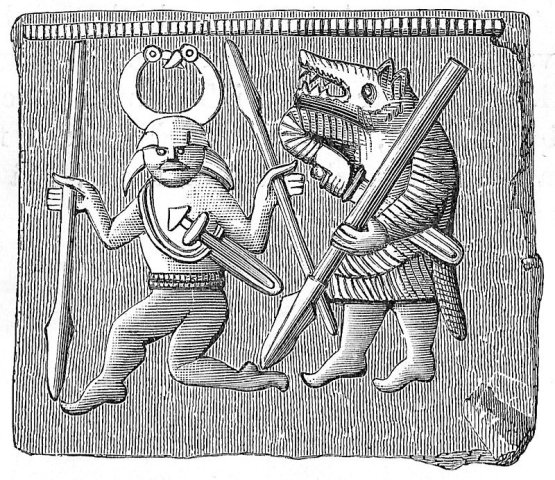 The English Sutton Hoo helmet (after historical reconstruction) is decorated with similar designs to this Vendel era Torslunda plate from Öland, Sweden that depicts likely a god-king figure followed