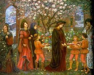 The Enchanted Garden of Messer Ansaldo by Marie Spartali Stillman (1889): A magician makes a garden bear fruit and flowers in the winter for Messer Ansaldo to win the heart of a married lady.
