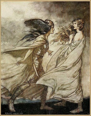 Waltraute seeks out the banished Brunnhilde. Illustration from "Wagner's Ring Cycle: Twilight of the Gods" (1911).
Arthur Rackham (English, 1867-1939).