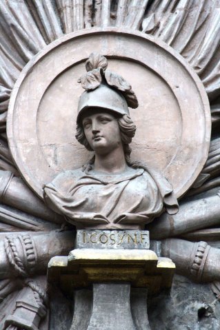 A bust of Bellona by Jean Cosyn, a 1697 victory celebration over a Brussels doorway.