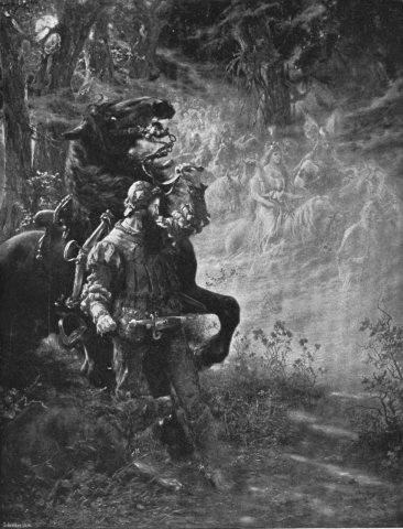 A picture from an old German publication, Die Gartenlaube. This part seems to be on folklore. This depicts Wotan and Frija riding with their host. The various local names are now often subsumed under