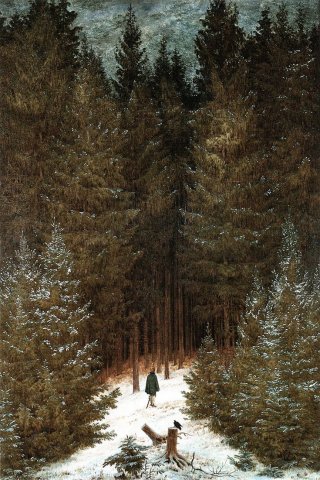 Chasseur im Walde (1814).
A dismounted French cavalryman, enveloped by German forest, is confronted by a raven.
Caspar David Friedrich (German, 1774-1840).