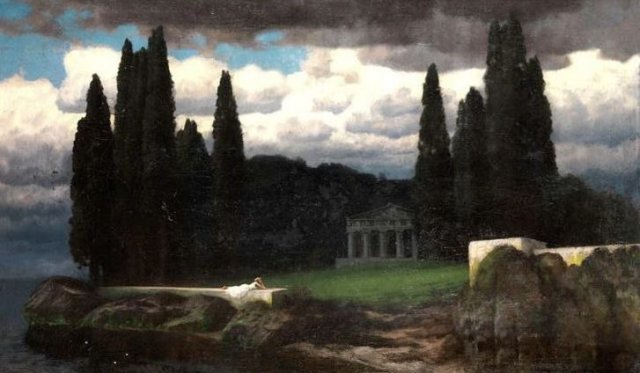 Tempel im Zypressenhain am Meer (Temple in a Cypress Grove by the Sea). Hermann Traugott Rüdisühli (Swiss, 1864-1944).