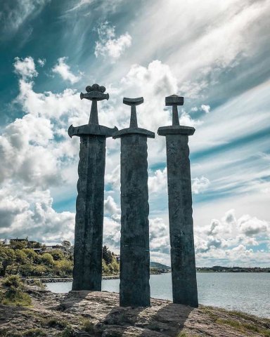 Sverd i fjell, Norway. A piece commemorating the historic Battle of Hafrsfjord which by tradition took place there in the year 872, when King Harald Fairhair gathered all of Norway under one crown.