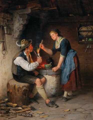 Young Couple by the Fireplace. Rudolf Epp (German, 1834-1910).