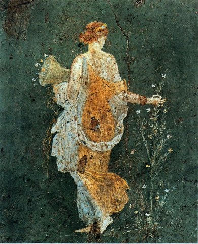 Flora, woman picking flowers with a cornucopia in the ruins of Pompeii, 1-45 AD.