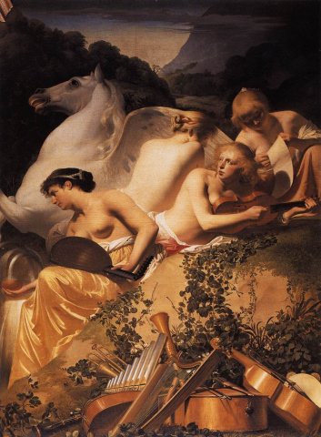 __Four Muses and Pegasus on Parnassus__ (1650) by Dutch painter Caesar van Everdingen