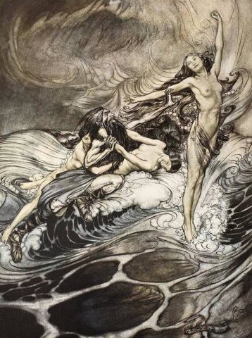 The Rhine Maidens Obtain Possession of the Ring and Bear it Off in Triumph (1924). Arthur Rackham (English, 1867-1939).