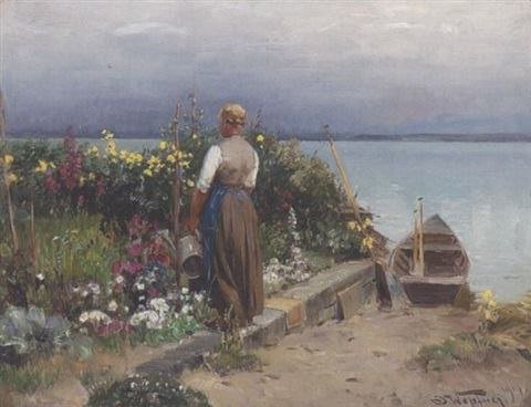 Im Blumengärten auf der Fraueninsel (In the Flower Garden on Fraueninsel) (1914). Joseph Wopfner (Austrian, 1843-1927).