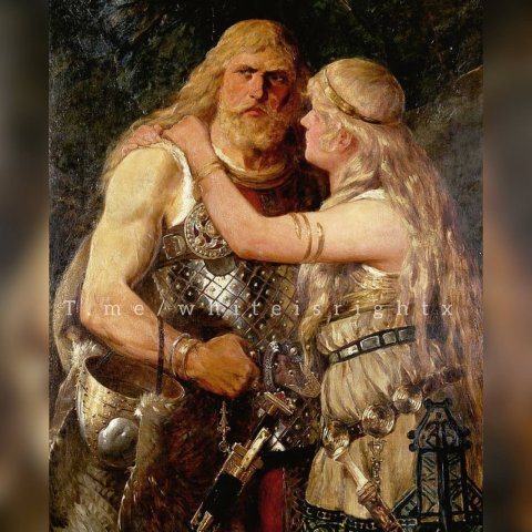 “Arminius says goodbye to Thusnelda” (1884) by German painter Johannes Gerhts (1855-1921)
