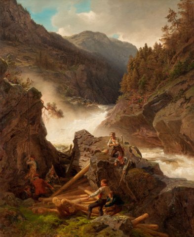 Waterfall with Timbermen (1858). Hans Fredrik Gude (Norwegian, 1825-1903).