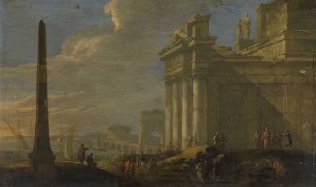 Italian Harbor View. Jacob van der Ulft (Dutxh, 1621/1627-1689).
I can't quite make out what the detail in the bottom right depicts, but it seems to be men at arms detaining someone.
