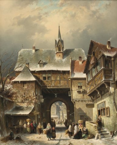 A Snow Covered Street With City Gate (1860). Charles Henri Joseph Leickert (Belgian, 1816-1907).