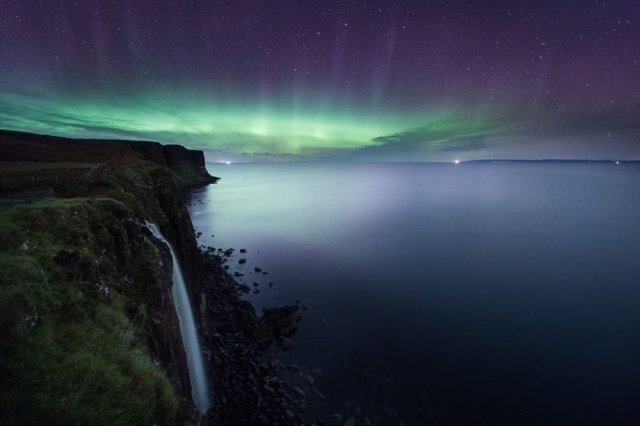 Mealt waterfall on the Isle of Skye at night. Scotland.