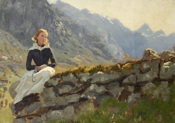 Girl Seated on a Stone Wall. Hans Dahl (Norwegian, 1849-1937).