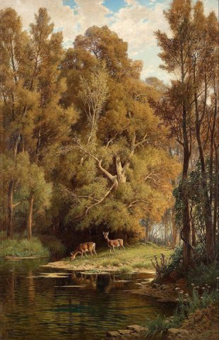 Scene in the Forest with Deers (c. 1890). Hermann David Salomon Corrodi (Italian, 1844-1905).