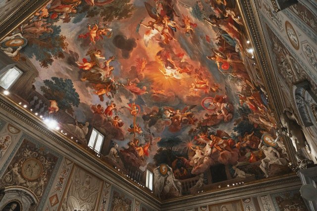 Camillus, Allegory of Glory, ceiling fresco by Mariano Rossi, in the large Salone of the Borghese Gallery, Rome, 1775. Mariano Rossi (Sicilian, 1731-1807).