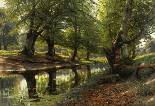 A Stream Through the Glen, Deer in the Distance, 1905. Peder Mørk Mønsted (Danish, 1859-1941).
