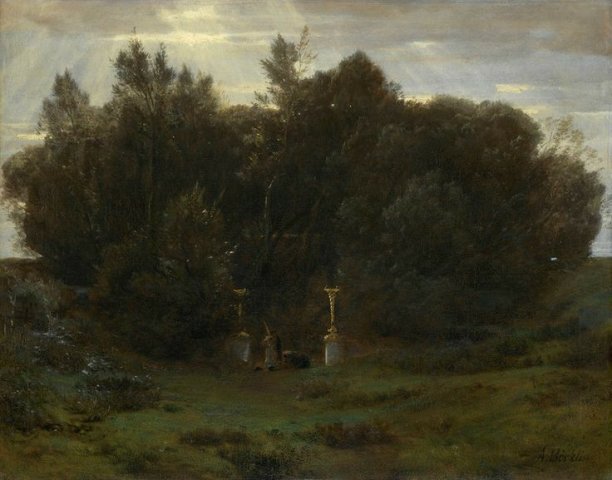 Heiliger Hain, von einem Einhorn bewacht (Holy wood, guarded by a unicorn), 1871. Arnold Böcklin (Swiss, 1827-1901).